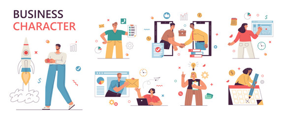 Cartoon funny business people work. Interaction with tables, graphs, charts, office activity organization, successful planning, vector set