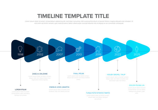 Infographic Timeline Template with Icons and Blue transparent triangle arrows