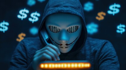 A mysterious figure in a hoodie uses a phone, with a digital mask and dollar signs in the background, suggesting themes of cybercrime and anonymity.
