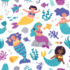 Cartoon mermaids seamless pattern. Cute repeated underwater girls, fairytale characters, seaweed, seahorses and corals, vector template