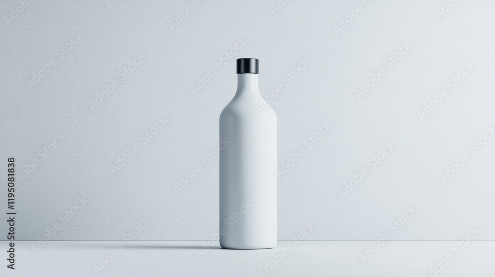 Poster perfume minimal style, a high-fidelity image of a minimalist white bottle featuring bold and simple 