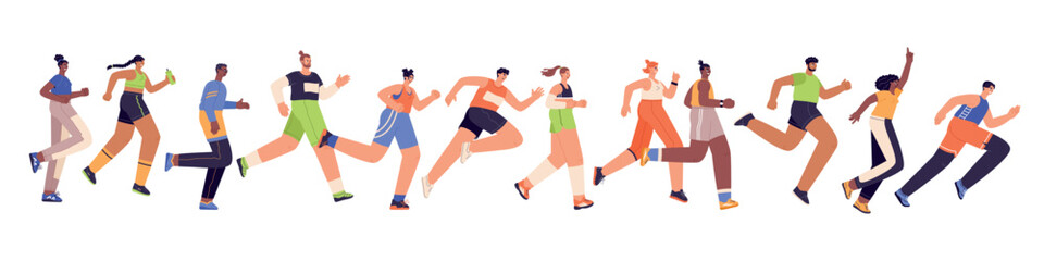 Cartoon running people. Female and male healthy activity, happy active characters, sport training, energetic athletes on run, vector set