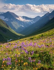 Fototapeta premium Vibrant Wildflowers Bloom Across Mountain Valley