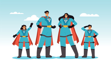 Cartoon super family. Heroic parents and children in cloak capes and similar suits, comic characters posing together, vector illustration