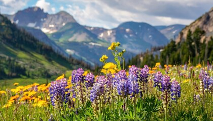 Obraz premium Vibrant Wildflowers Bloom Across Mountain Valley