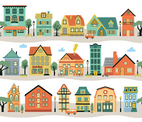 Cartoon small houses facades. Linear streets with cute buildings along roads, european cottages and stores, urban neighbourhood, vector set