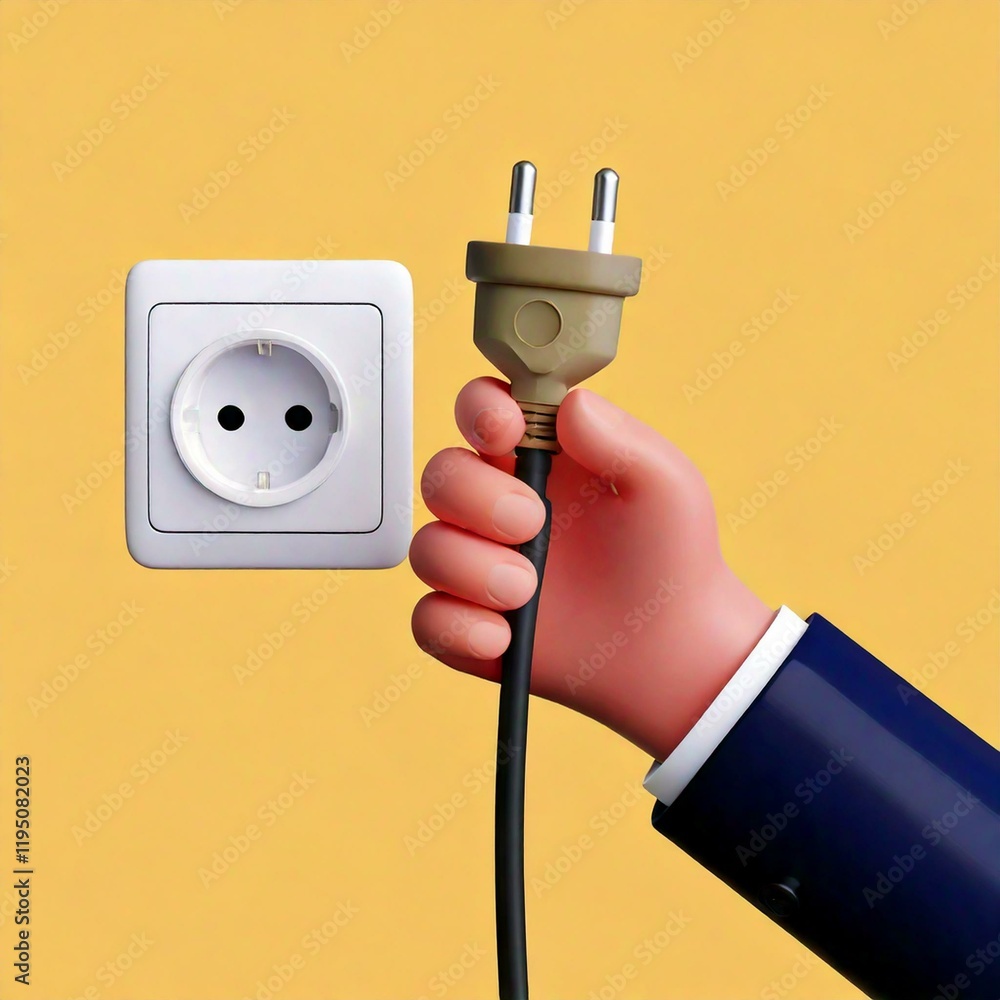 Poster connecting power electrical plug and socket in a modern office environment close-up perspective on t