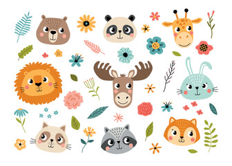 cute animals faces and pretty flowers. Plants and baby lion, bunny, deer and racoon heads, funny fauna portraits, cartoon cubs, vector set
