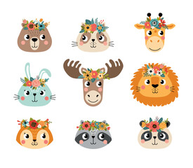 Obraz premium cute animals in flower wreaths. Funny faces of forest kids characters, cartoon raccoon, fox, deer portraits, positive emotions, vector set