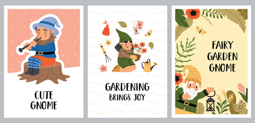 Cute happy gnomes in garden. Funny figures in dwarf hats, mythical helpers and guardians, plant care place, little gardeners, vector posters