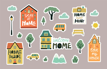 Cute small houses stickers with lettering. Funny cartoon home facades and cozy city elements, scandi style hipster emblems, vector set