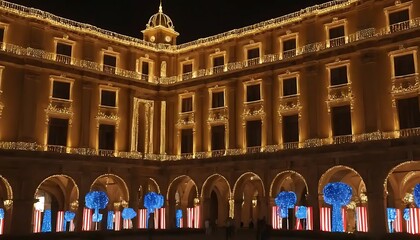 Fototapeta premium Illuminated Plaza Building Festive Night Lights Display