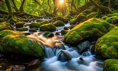 A clear mountain stream winding its way lush forest, featuring small cascades and boulders covered in moss. Birds chirp, golden light of dawn dew on leaves, 4k Animation video - Powered by Adobe