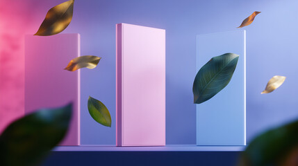 Pink and blue panels with floating leaves.