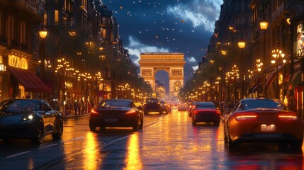 A golden hour scene of the Champs-lyses, with the famous Arc de Triomphe providing a majestic backdrop.