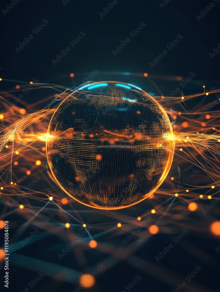 Poster Glowing digital globe illuminated by flowing lines and points showcasing interconnected technology in a modern setting. Generative AI