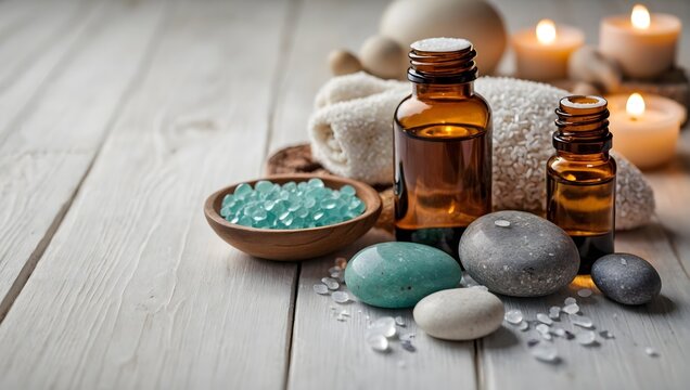 Natural spa treatment setup with essential oils, candles and stones on wooden background 