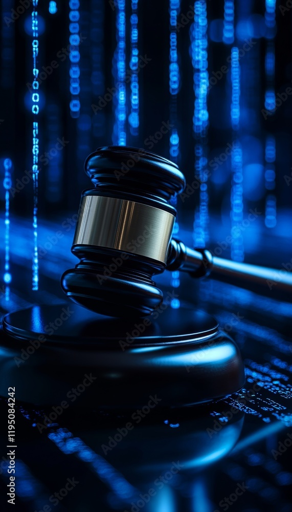 Poster cyber law and justice concept black gavel on platform with blue binary code background
