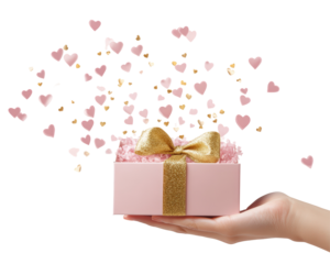 Isolated Hand Holding Pink Gift Box with Gold Ribbon and Hearts