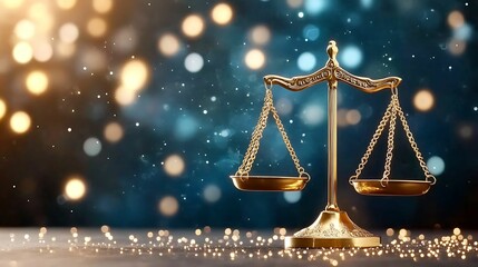 lawyer legal ethics. A golden scale of justice stands against a shimmering background, symbolizing balance, fairness, and the legal system's integrity.