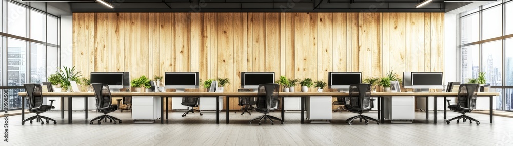 Poster modern workspace in wooden room with two computer setup creating cozy and productive atmosphere.