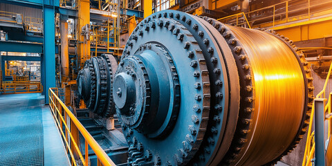 Obraz premium Interior of a large industrial facility with massive grinding machinery and heavy metal structures. The orange and blue color scheme highlights the industrial ambiance and mechanical details.