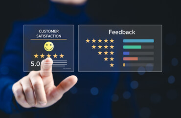 Customer satisfaction survey concept. Service experience rating online application, Evaluation of product service quality by customer. User feedback and review satisfaction, 5 star score, happy smile,