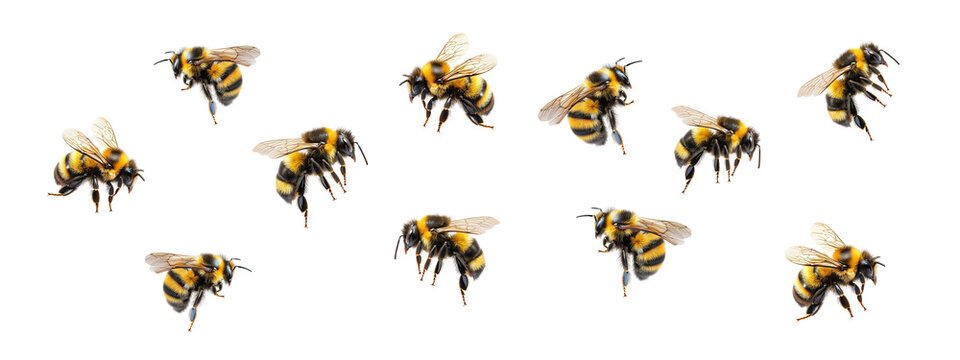 Bees are flying. Insects in flight. Beekeeping. Isolated on white and transparent background