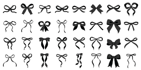 Simple hand drawn black ribbon bow collection. Bowknot for decoration, big set of bowtie. Large retro ribbon illustration set. Set of various cartoon bow knots, gift ribbons. Valentines day. Knot, tie