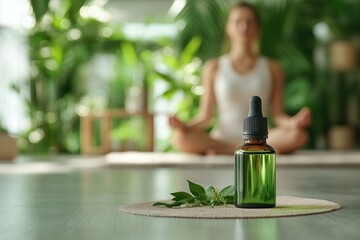 Mindful Moments: A bottle of essential oil sits in the foreground, with a woman meditating in the softly blurred background, creating a serene atmosphere of well-being and tranquility.