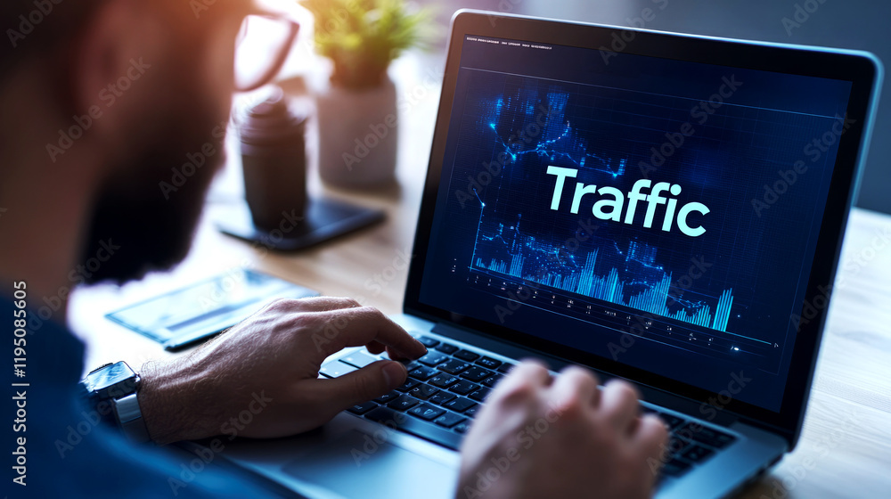 Aufkleber analyzing traffic data on a laptop home office digital insights productivity data visualization