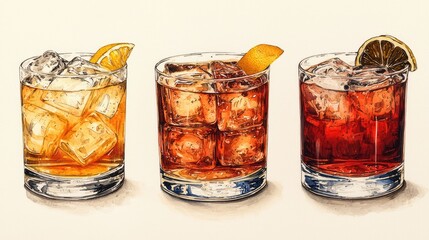 Three Glasses of Iced Cocktails with Citrus Garnish