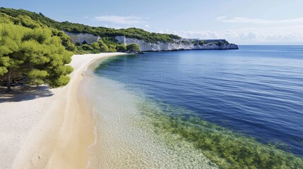 Obraz premium A hidden cove in Greece with golden sand turquoise waters and blooming spring vegetation along the rocky cliffs rare spring in Greece secluded paradise 