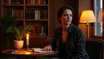 Woman reflecting on past achievements in cozy library nook, self-discovery