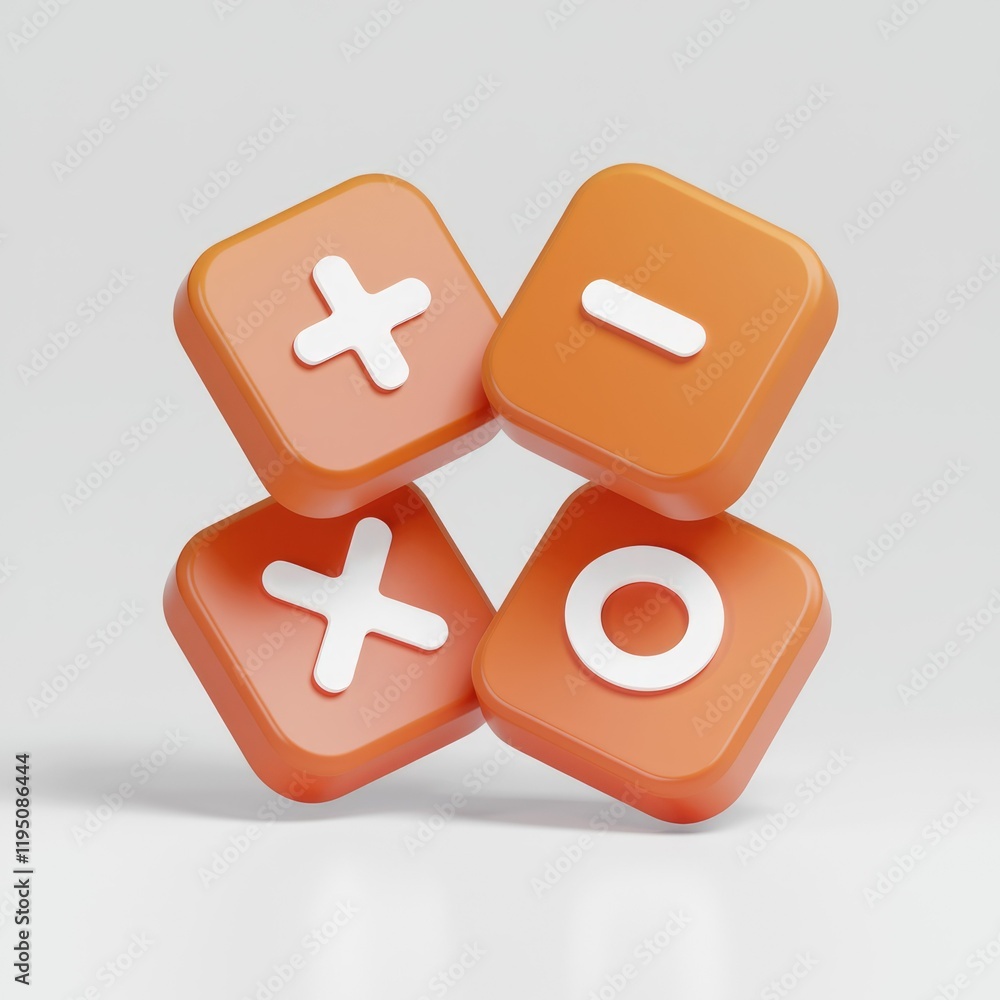 Poster 3d orange cubes with mathematical symbols: plus, minus, multiply, divide.