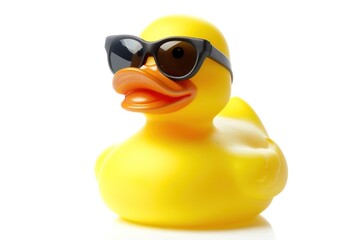 yellow rubber duck wearing black sunglasses on white background