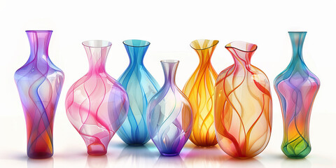 Collection of Eight Multicolored Glass Vases with Swirled Designs