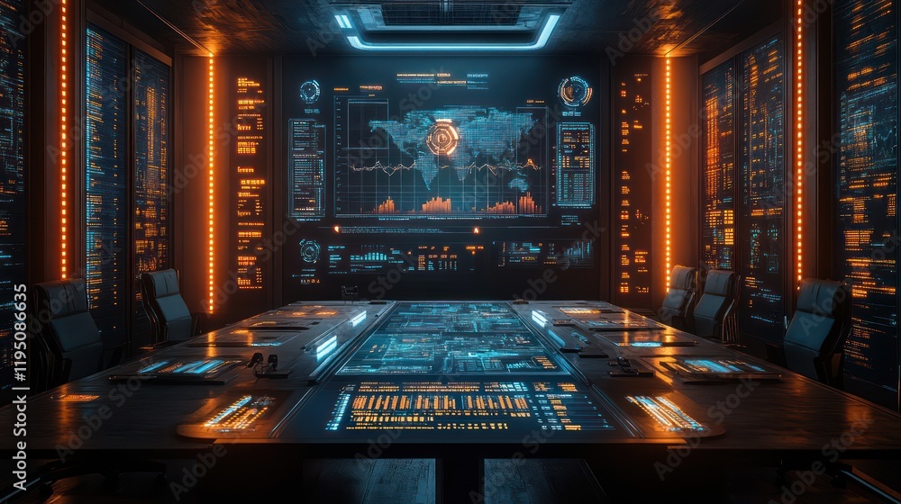 Poster futuristic tech control room: global network monitoring