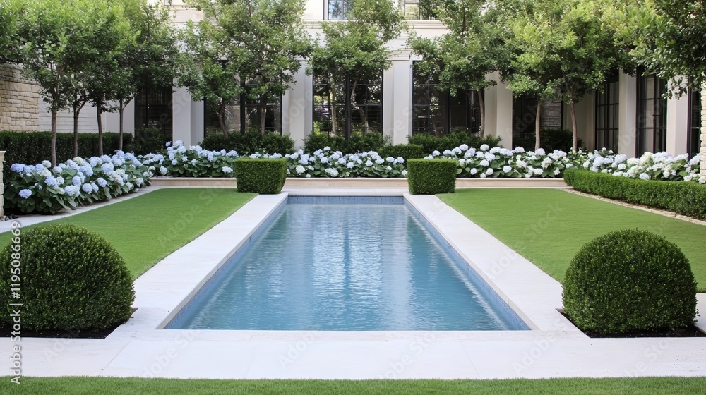 Poster a refined spring garden with perfectly trimmed topiary delicate orchids in bloom and a serene reflec