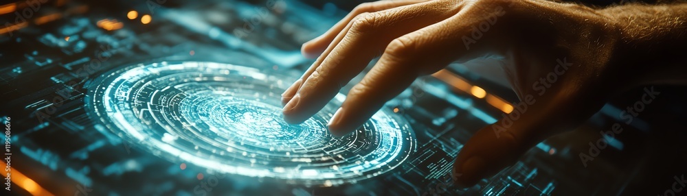 Poster closeup of hand interacting with virtual digital technology, global business network, futuristic com