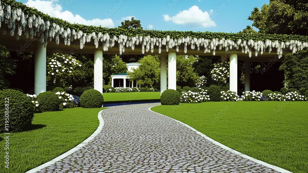 Poster a serene spring garden with neatly trimmed hedges cascading wisteria on an archway and a cobblestone