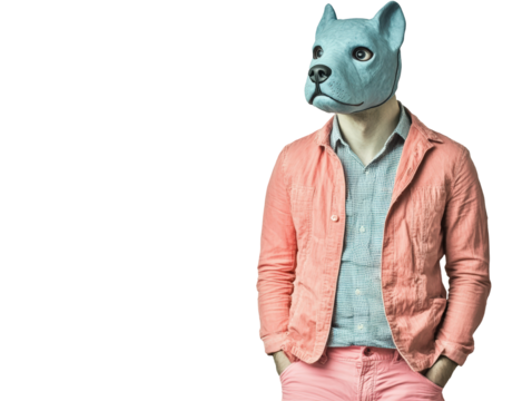 Isolated Man with Dog Mask and Pink Jacket