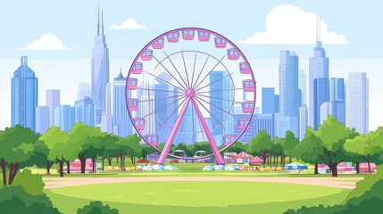 Ferris wheel at sunset spectacular city skyline view from the amusement park ferris