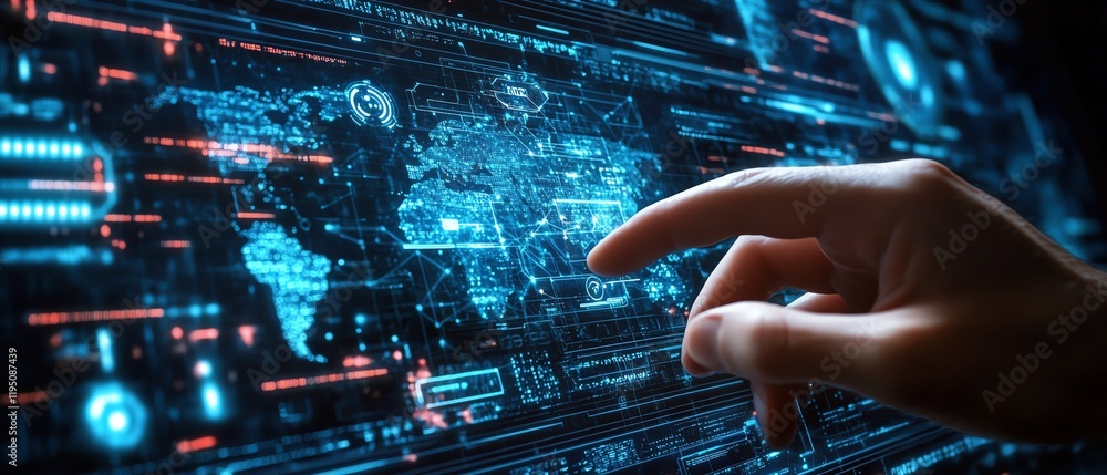 Poster hand interacting with digital virtual interface, global business communication, futuristic network c