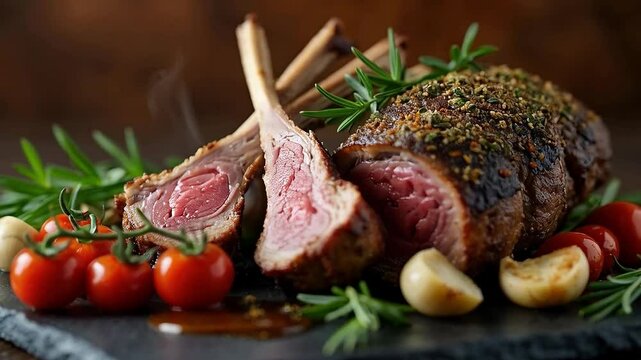 Costillar de cordero asado con hierbas y tomates cherry