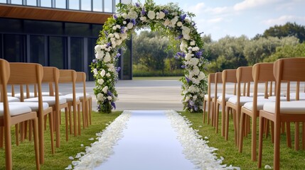 Fototapeta premium An aisle runner made of white petals leading to a flower filled arch with soft greenery and lavender accents rare elegant spring wedding dreamy ceremony 