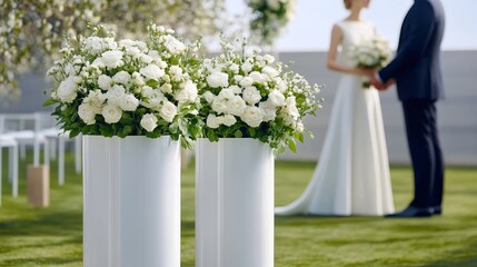 An elegant spring wedding ceremony in a garden with blooming cherry blossoms white rose arrangements and a couple exchanging vows under an arch rare elegant spring wedding romantic beauty 