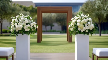 An elegant spring wedding ceremony in a garden with blooming cherry blossoms white rose arrangements and a couple exchanging vows under an arch rare elegant spring wedding romantic beauty 