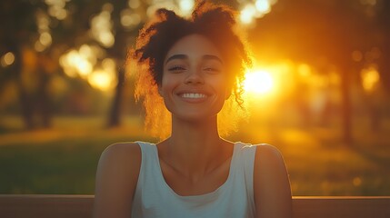 Happy woman smiling at sunset in park.