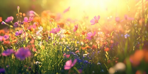 Obraz premium Vibrant wildflowers in a lush meadow illuminated by golden sunlight with hues of pink orange and green positioned throughout the field